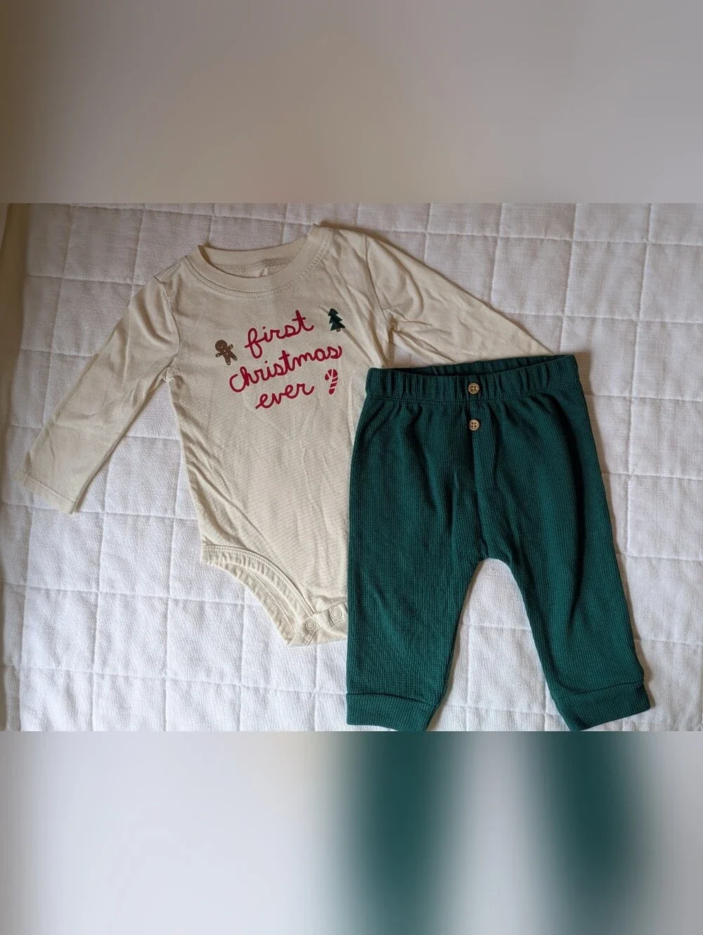 Carter's Green & Cream Holiday Bodysuit with Festive Stitching - First Christmas
